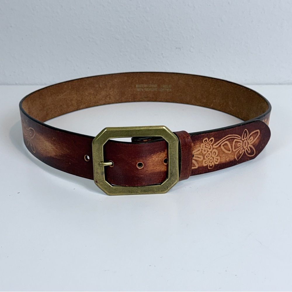 Leather Tooled Leather Floral Brown Belt with Brass Buckle M